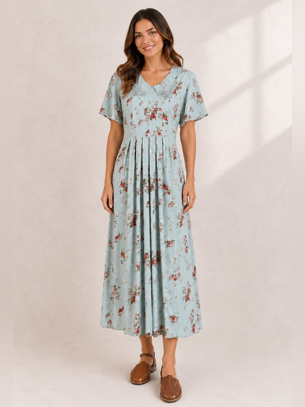 Vintage 90s SMW Style My Way seafoam blue Floral Dress Small Rayon Cottagecore